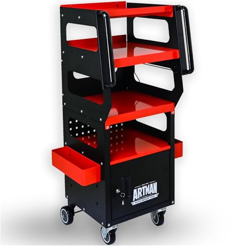 4-Level Multi Purpose Tool Trolley Cart with Cabinet & Locking Caster | Mechanic workshop service utility cart, full 360° locking wheels, storage chest organizer for garage repair use