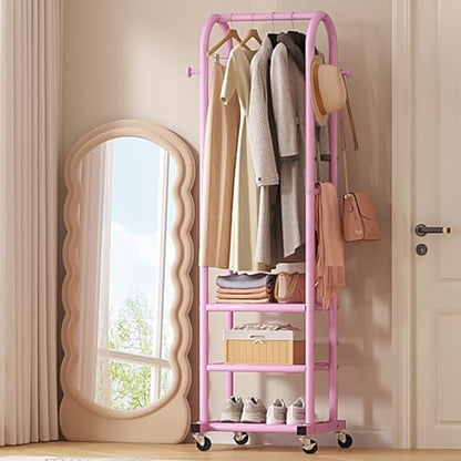 Dttwacoyh Clothing Rack with Wheels,Narrow Metal Garment Rack,Pink | Easy to install, 71.8 Inches Display Rack with 4 Side Hooks & 3 Shelves,for Small Flats, Bedroom, Entryway,Pink Clothes Rack - color: Pink