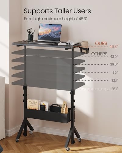 ErGear Mobile Standing Desk with Wheels, Adjustable Height 28.3″ to 46.1″, Rolling Laptop Cart with Cup Holder, Storage Basket, Computer & Pen Slot, Home Office Stand Up Desk, Black (31.5″ x 15.75″) - color: Black