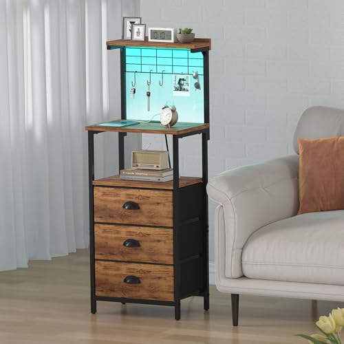 sthmec Tall Nightstands with Charging Station, LED Night Stand Bedsides with 3 Fabric Drawers,Hooks,USB Port and Open Storage Shelves,Tall End Table Bedside Tables for Bedroom,Office, Rustic Brown - color: Rustic Brown, style: 3 Darwers