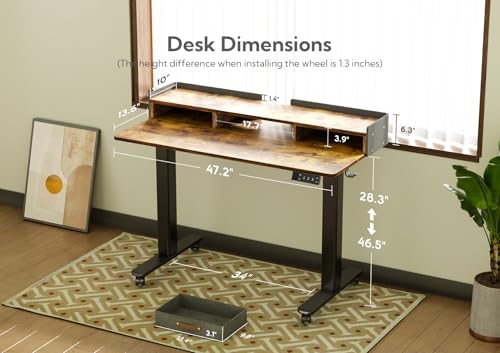 Claiks Standing Desk with Drawers, Stand Up Electric Standing Desk Adjustable Height with Storage Shelf and Splice Board, 48 Inch, Rustic Brown - color: Rustic Brown, size: 47.2×23.6
