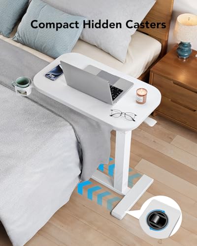 HUANUO 28Inch Bedside Table with Wheels, Height-Adjustable Rolling Computer Cart, Overbed Table with Cup Holder, Pneumatic Laptop Standing Desk for Home Office, White - color: White, size: Small-28 Inch
