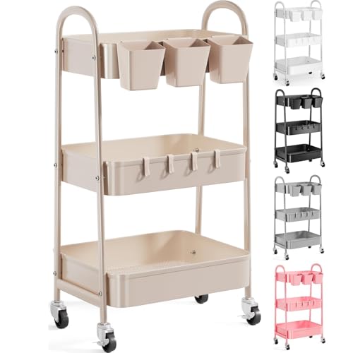 3 Tier Khaki Metal Utility Rolling Cart, Storage Cart with Handle and Lockable Wheels, Multifunctional Organizer Trolley with Mesh Storage Baskets for Kitchen, Office, Living Room, Laundry, Garage - color: Rustic Khaki, size: 3 tier