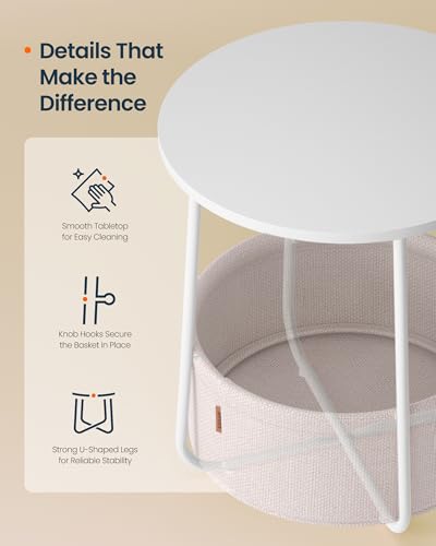 SONGMICS HOME Small Side Table, Round End Table, 2 Tier Nightstand with Basket, U Shaped Steel Legs, Easy Assembly, for Living Room, Bedroom, White and Brown - color: White + Brown, size: 1 pack