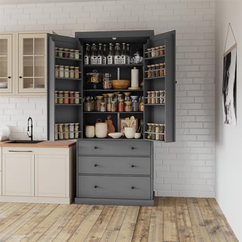 Linique 77" Kitchen Pantry with 3 Drawers, 3 Adjustable Shelves, 8 Door Racks, Large Wooden Cupboard, Freestanding Tall Cabinet for Kitchen Dining Room, Grey