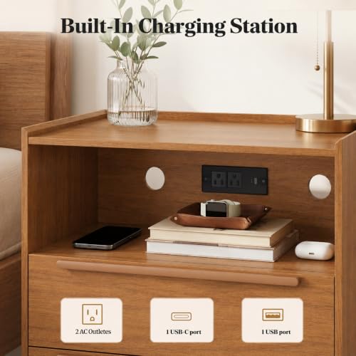26 Inch Tall Warm Walnut Nightstand with Charging Station, 2 Drawers | 24 inch wide, 16 inch deep design with raised-edge tray top, open shelf, hidden storage, and mid century appeal - color: Warm Walnut