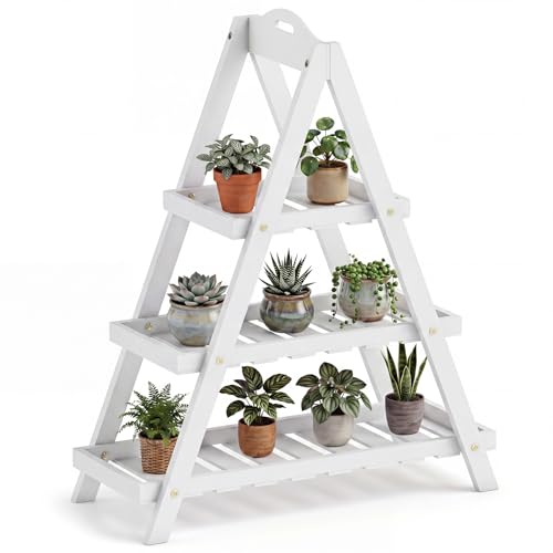 Giantex 3-Tier Plant Stand Indoor, 28.5" Wood Flower Pot Plant Display Shelf, Ladder Plant Holder Rack w/ Slatted Shelves for Indoor & Outdoor, Living Room, Entryway, Patio, Garden & Balcony (White) - color: White