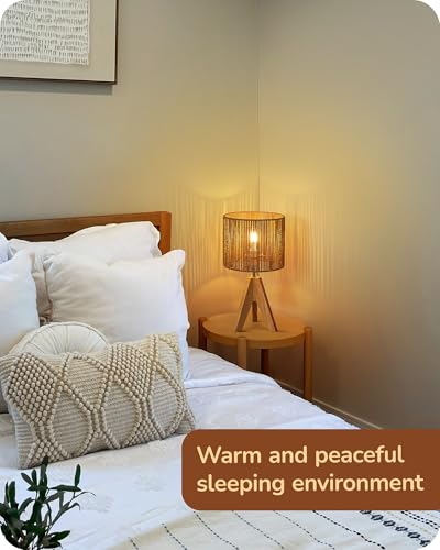 EDISHINE Small Rattan Table Lamp, Wood Tripod Bedside Lamp, Boho Nightstand Lamp for Living Room, End Table, Office, E26 Base, Natural Style - color: Rosewood Color&Vertical Stripe Shade