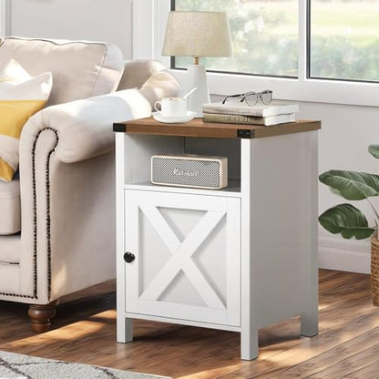 Farmhouse End Table, Nightstand with Barn Door,Set of 2,Cream White | End Tables wirh Shelf,Wooden Sofa Side Table, Modern Bed Side Table Rustic Nightstands, Bedroom, Living Room - color: White