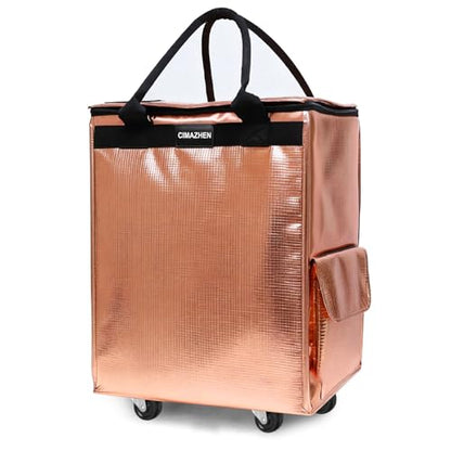 Reusable Grocery Bag Tote Bag with Wheels, Foldable Rolling Tote Bag with 3 Handles and Zipper - color: Rose Gold, size: Small