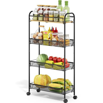 TOOLF 4-Tier Slim Rolling Cart, Metal Utility Cart, Slide Out Storage Cart with Wooden Tabletop and Mesh Baskets for Narrow Space on Kitchen Bathroom Laundry Room Bedroom Apartments Dormitory - size: Slim, style: Black