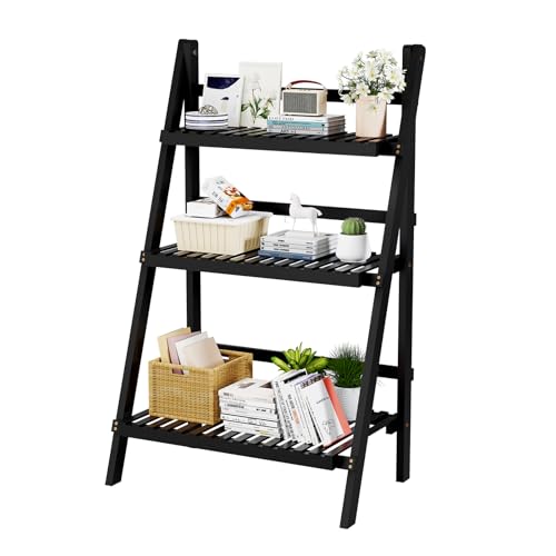 oakvivo 39.4" Foldable Plant Shelf Ladder Shelf, 3 Tier Bamboo Ladder Flower Pot Display Shelf, Freestanding Ladder Bookshelf for Garden, Balcony, Yard, Living Room, 23.6" W x 15" D x 39.4" H, Black - color: 3-Tier Black