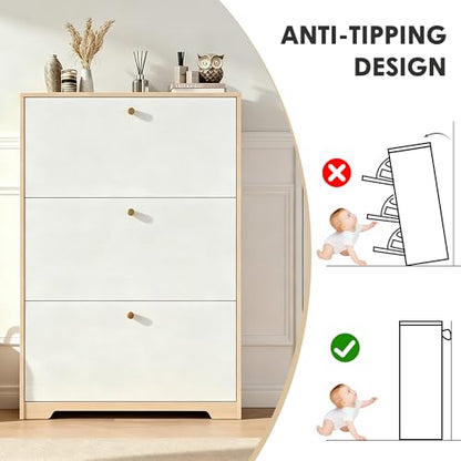 Nicetree Shoe Cabinet with 3 Flip Drawers，Freestanding Shoe Storage Cabinet, Narrow Shoe Organizer Cabinet, Farmhouse Slim Shoe Rack Cabinet for Entryway, Natural Oak and White with Hook - color: Natural Oak and White, style: 3-Drawers with Hook
