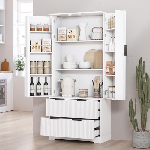72" Tall Freestanding Wood Fluted Pantry Organizers Storage Cabinet with 2 Drawers, Door Racks, Modern Minimalist Cabinet with Adjustable Shelves for Kitchen, Living Room, Bathroom(White)