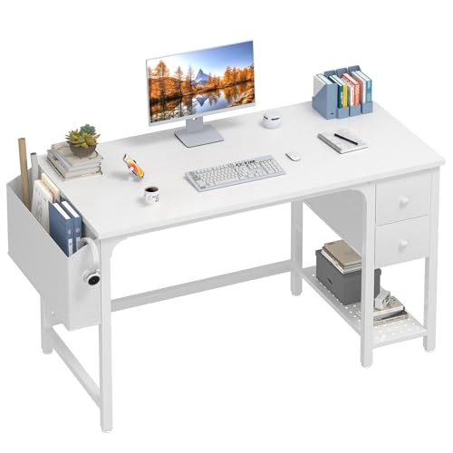 Lufeiya White Computer Desk with Drawers - 47 Inch PC Desk for Small Space Bedroom Home Office, Modern Simple Study Writing Table Desks with Storage Shelf, White - color: White, size: 47.2"