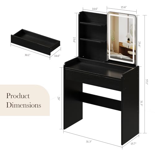 Memobarco Small Vanity Desk with Mirror and Lights, Makeup Vanity with Drawer & Storage Shelves, Vanity Desk with 3 Lighting Modes & Adjustable Brightness, Dressing Table for Women Girls, Black - color: Black