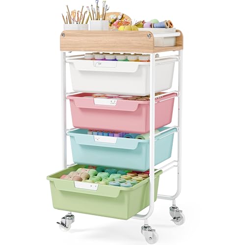 Rolling Craft Storage Cart with 4 Drawers,Utility Cart with Drawers,Art Craft Organizers and Storage,Kids Craft Cart,Kids Art Cart With DIY Lable and Wooden Tabletop Area,Colorful - color: Colorful, size: 4-Drawer