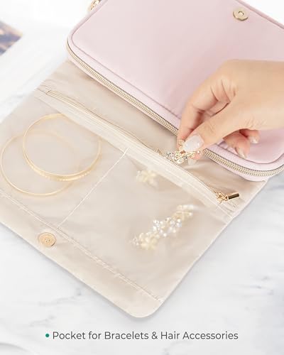 Marscamd Travel Jewelry Organizer Case, Foldable Jewelry Bag, Pink | with Multi Pockets for Earrings, Rings, Necklaces, Bracelets, Brooches - color: Pink