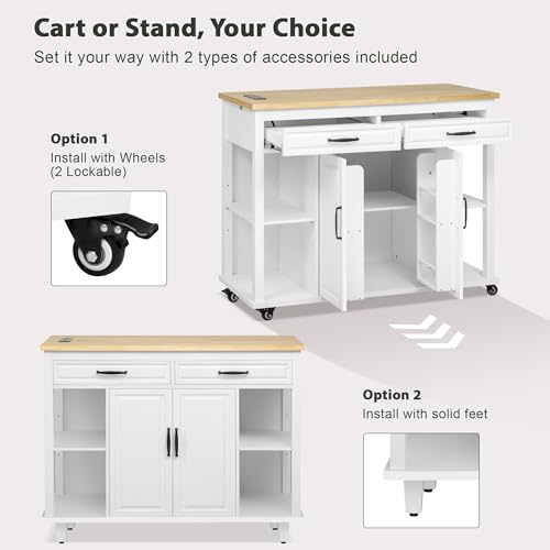 47 Extendable Countertop Coffee Station, Kitchen Storage Cabinets with Power Outlet, Kitchen Island Table with Rubber Wood Veneer for Kitchen use, White - color: White