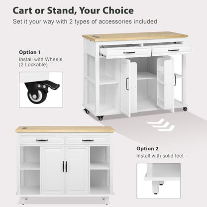 47 Extendable Countertop Coffee Station, Kitchen Storage Cabinets with Power Outlet, Kitchen Island Table with Rubber Wood Veneer for Kitchen use, White - color: White