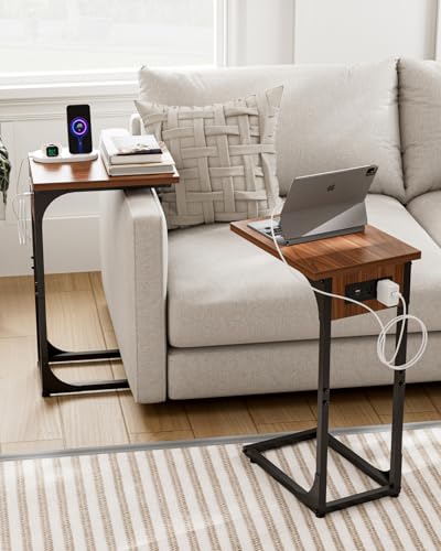 C-Shaped Side Table for Couch - Small Coffee Stand Sofa Tray Desk with Metal Frame Waterproof Scratch Resistant Wood Top and Built-in Charging Station, Rustic Walnut - color: Rustic Walnut, size: 1-Pack, style: Includes Power Outlets