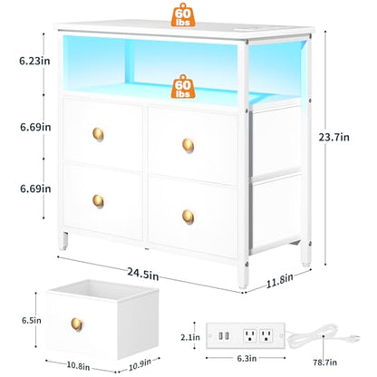 Yoobure Night Stand with Charge Station, Nightstand with 4 Drawers Bedside Table, LED Dresser with Storage Shelf, Night Stands for Bedroom, Side Table 3-Tier Wood End Table for Home, Office White - color: White