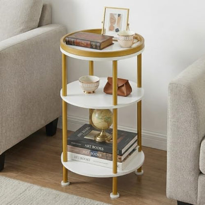 Small Round Side Table, Gold Round End Table with White Shelves, 3-Tier Modern Nightstand for Bedroom & Living Room, 21.7" H Narrow Gold Accent Table for Small Spaces, Dorm, Nursery (White & Gold) | Gold Round End Table with White Shelves, Nightstand for