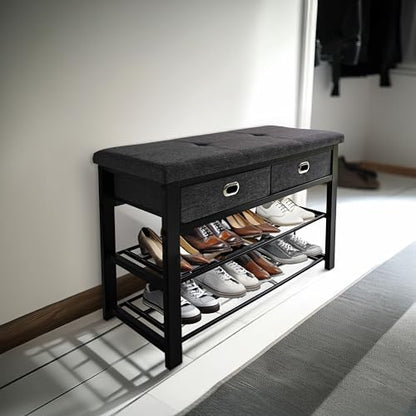 Finnhomy Entryway Shoe Rack with Cushioned Seat, Shoe Bench for Entry, 3-Tier Shoe Storage Organizer with 2 Drawers, Gray - style: Art Deco