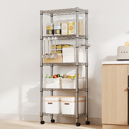 Garvee 5-Tier Storage Shelves Heavy Duty Metal Wire Rack Shelving, 1100 LBS Capacity Rolling Storage Rack with Wheels, for Living Room Pantry Kitchen Bedroom Organization - size: 61"H x 23.6"W x 11.8"D