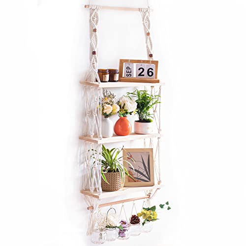 TENEWEE Macrame Floating Hanging Wall Shelf Boho Decor with Hooks | Handmade Cotton, Large Storage, Plant & Book Display, Bedroom, Living Room, Bath, Kitchen, Dorm, Vanity, Entryway - size: 3tier shelves