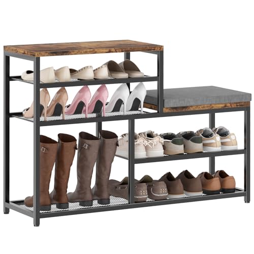 Shoe Rack,Freestanding Hidden Shoe Storage Organizer for Entryway, Shoe Bench Shelves for High Boot with Seat Cushion,Wood Shoe Rack Cabinet for Front Door Entrance Closet, Hallway, 5 Tier,Brown - size: 5 Tier with Seat