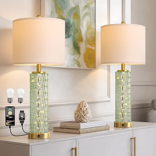 Oneach 27.75" Modern Table Lamps Set of 2, Green Bedside Lamp with Glass Nightlight, USB A+C, Unique Desk Lamps for Living Room, Bedroom, Nightstand, End Table (2 Bulbs Included) - color: Green - White Shade