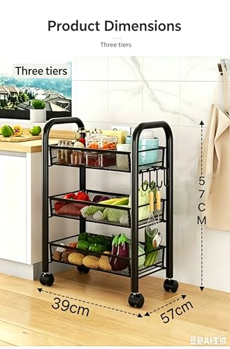 3-Tier Rolling Storage Cart, Metal Mesh Basket Shelves on Wheels, Black, for Kitchen, Nursery and Snack Organization