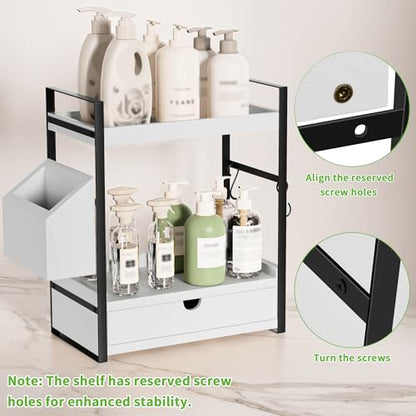 2-Tier Bathroom Counter Organizer, Wooden Vanity Shelf with Drawer & Basket | Pre-Drilled Holes, Skincare & Makeup Countertop Organizer and storage, White - color: White