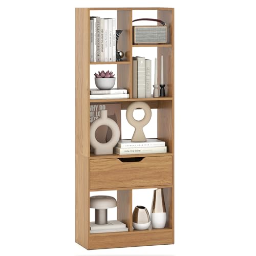 Giantex Bookcase with Drawer, 51" Tall Freestanding Storage Organizer with 7 Cubes, Multifunctional Open Bookshelf Display Rack with Anti-Tipping Kits for Living Room Home Office (Natural, 6-Tier) - color: Natural, size: 6-Tier
