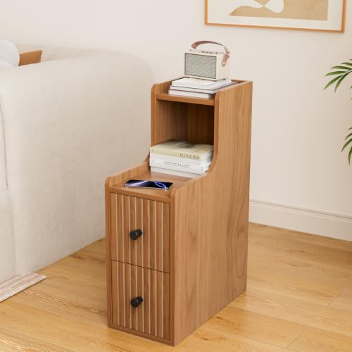 Narrow Side Table with 2 Drawers, Mid Century Modern Slim Night Stand with Storage, Wooden End Table for Small Spaces, Bedroom, Living Room（No Charging Station）