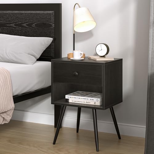 VECELO Nightstands Set of 2, Mid Century Modern End Bedside Table, Night Stand with Storage Drawer and 2 Tiers Open Shelf for Small Place, Bedroom, Living Room, Easy Assembly, Black - color: Black