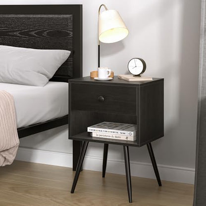 VECELO Nightstands Set of 2, Mid Century Modern End Bedside Table, Night Stand with Storage Drawer and 2 Tiers Open Shelf for Small Place, Bedroom, Living Room, Easy Assembly, Black - color: Black