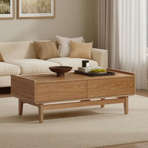 LuxenHome Coffee Table with Storage, 47" Mid Century Modern Summer Oak Wood Center Table for Living Room, Wooden Space-Saving Rectangular Accent Storage Table for Home, Office - color: A Oak Color