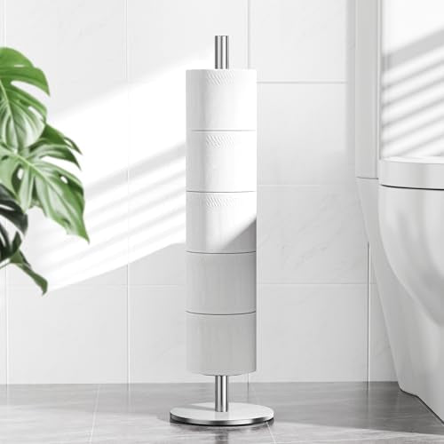 Freestanding Toilet Paper Holder with Shelf,5 Roll Storage,Brushed Nickel | Holds 5 Toilet Paper Rolls,Rustproof Stainless Steel,Waterproof Storage Shelf,Freestanding No Drilling Design,Easy Assembly - color: Brushed Nickel