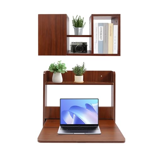 Wall Mounted Bookshelf with Moveable Cabinets, Multifunctional Folding Floating Desk, Fold Down Laptop Table with Storage Shelves for Bedroom Study Room Space Saving Small Space Garage (Walnut) - color: Walnut