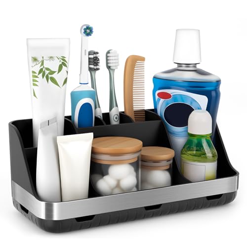 GFWARE Black Toothbrush Holder - 7 Slots Bathroom Organizer Countertop with Drainage Matte Black Electric Toothbrush and Toothpaste Holder for Bathroom Accessories Sink Storage - color: Black