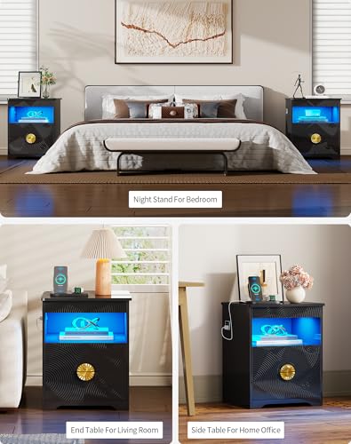 LED Nightstand with Gun Drawer, Modern Bedside Table with 3-Color Lights & Human Sensor, Smart Night Stand with Charger Station, 2 Drawers End Table for Bedroom, Black - color: New-modern Black
