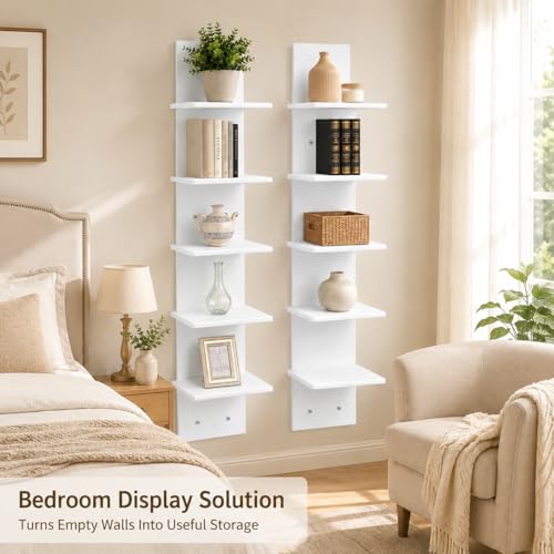 2PCS 5 Tiers Floating Wall Shelf, Small Vertical White Floating Shelf for Narrow Spaces, Modern Wall-Mounted Decorative Shelves for Bedroom Living Room, Lightweight Wood-Plastic - size: 2PCS
