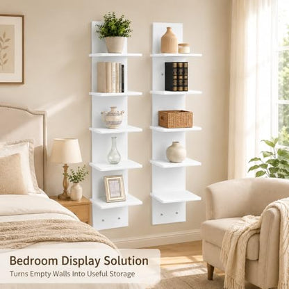 2PCS 5 Tiers Floating Wall Shelf, Small Vertical White Floating Shelf for Narrow Spaces, Modern Wall-Mounted Decorative Shelves for Bedroom Living Room, Lightweight Wood-Plastic - size: 2PCS