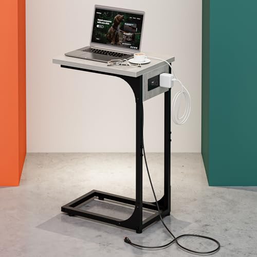 C-Shaped Side Table for Couch - Small Coffee Stand Sofa Tray Desk with Metal Frame Waterproof Scratch Resistant Wood Top and Built-in Charging Station, Greige - color: Greige, size: 1-Pack, style: Includes Power Outlets