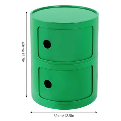 2 Tier Circular Nightstand, Circular Side Table with Storage, Round Cabinet End Table, Sliding Door Design, 88Lbs Load Capacity, Bedroom Living Room Organizer, Modern Green ABS Material, 12.5x15.7 in