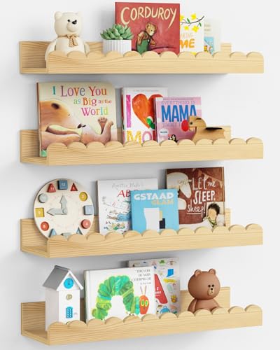 Harwaya Scalloped Nursery Bookshelf Wall Mounted 4-Pack, Natural Wood Floating Book Shelves for Wall, Cloud Wall Mount Bookshelves for Kids Bedroom, Baby Children Toddler Room (Natural Pine Wood) - color: Natural Wood