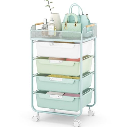 SYKIARIOL 4-Drawer Rolling Storage Cart with Mesh Top, Utility Craft Organizer Cart on Wheels with DIY Labels, Rolling Drawer Cart for Home Office Classroom Bedroom, Green - color: Green