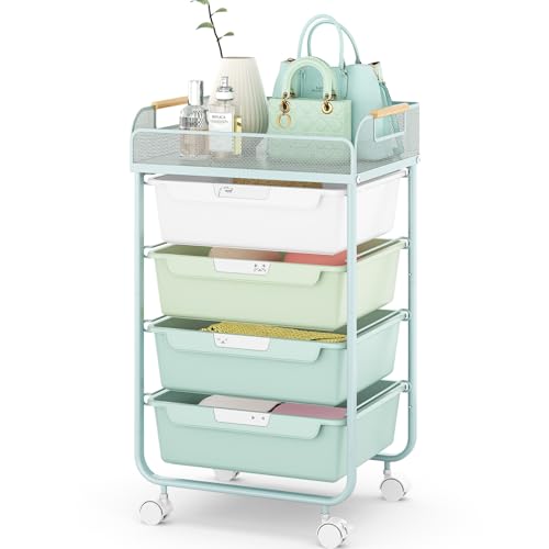 SYKIARIOL 4-Drawer Rolling Storage Cart with Mesh Top, Utility Craft Organizer Cart on Wheels with DIY Labels, Rolling Drawer Cart for Home Office Classroom Bedroom, Green - color: Green